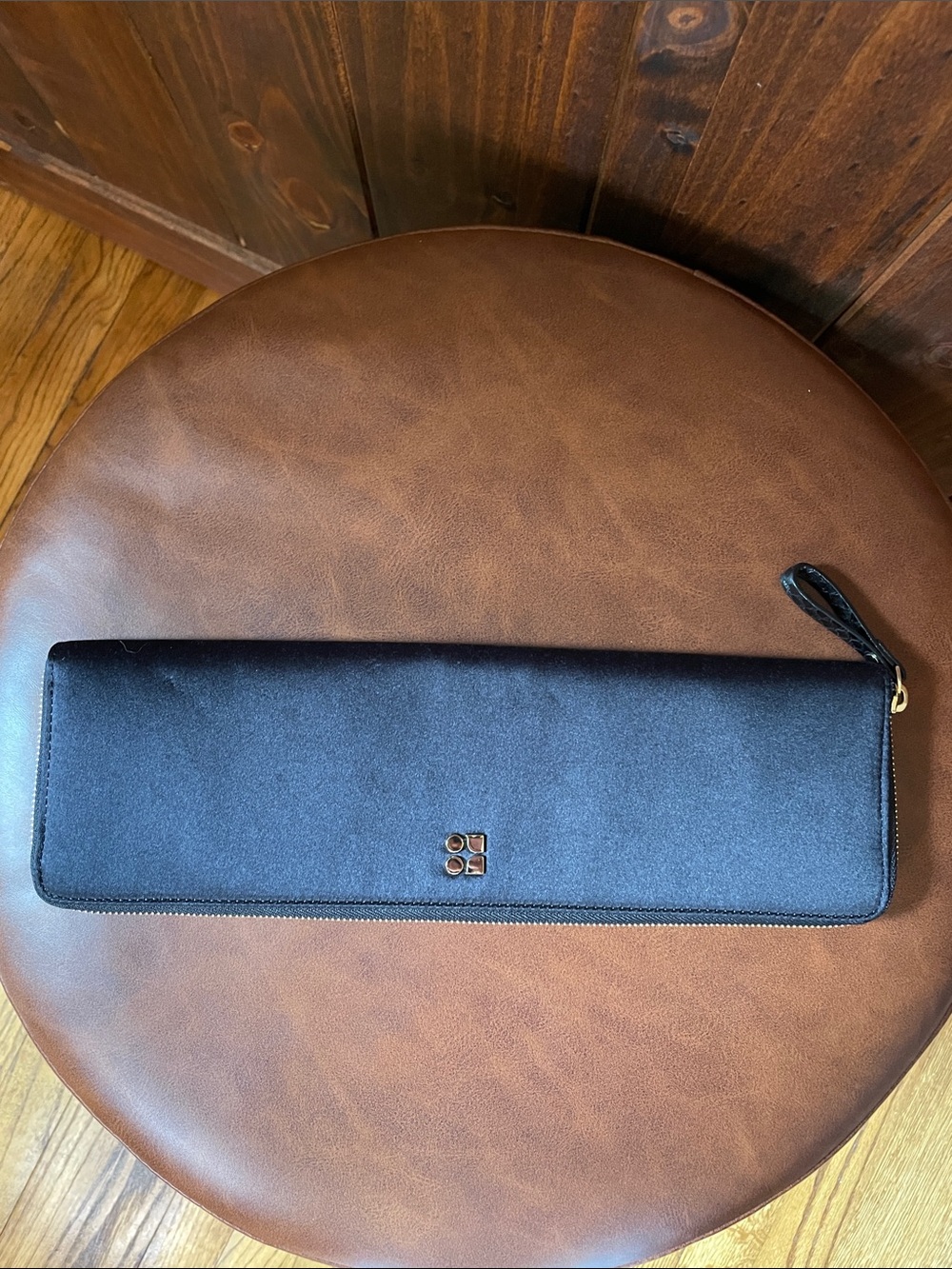 Kate Spade Black Satin with Green Floral Lined Zip Clutch with Gold Logo Plaque
